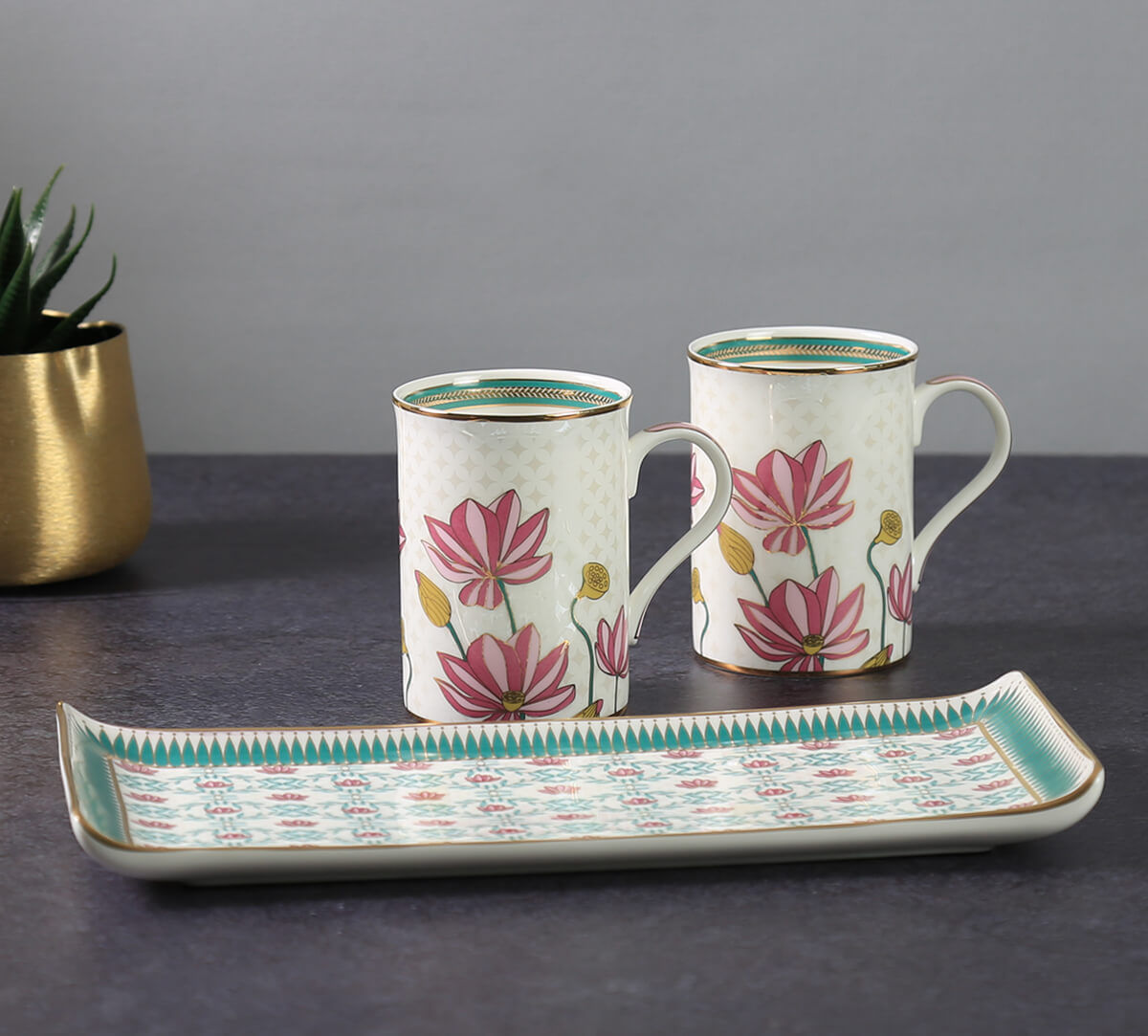 India Circus by Krsnaa Mehta Emerald Blossom Coffee Mugs and Platter Set