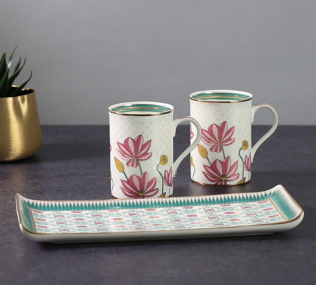 India Circus by Krsnaa Mehta Emerald Blossom Coffee Mugs and Platter Set