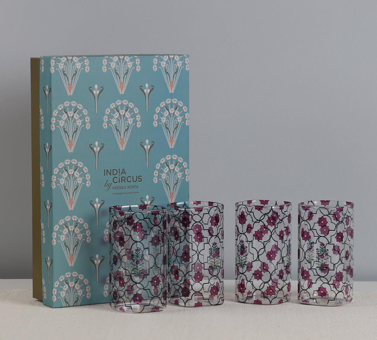 India Circus by Krsnaa Mehta Floral Lattice Glass Tumbler Set of 4