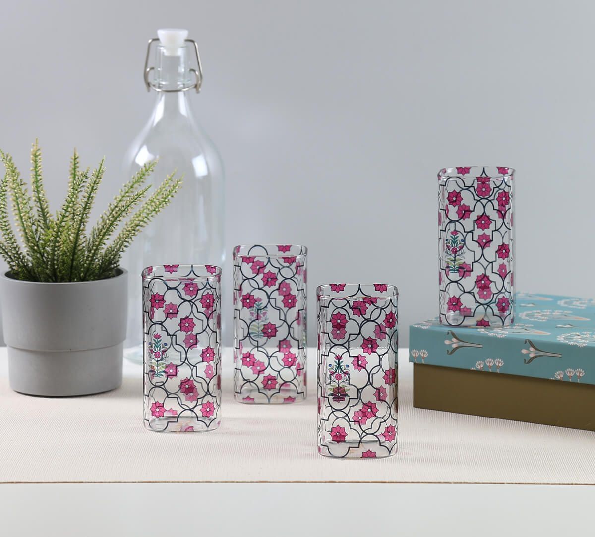 India Circus by Krsnaa Mehta Floral Lattice Glass Tumbler Set of 4