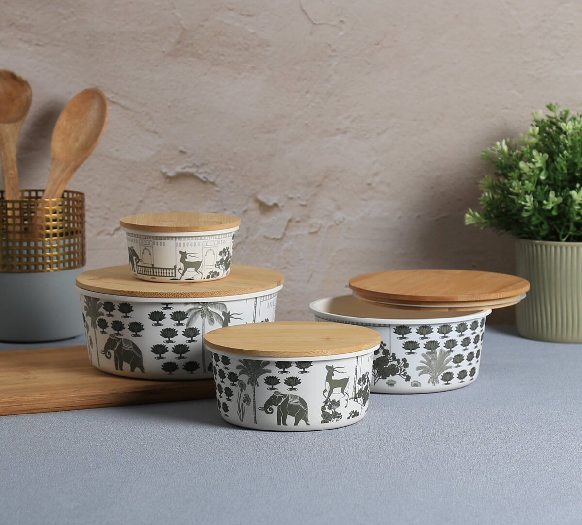 India Circus by Krsnaa Mehta Monochrome Palatial Courtyard Bamboo Container Set of 4