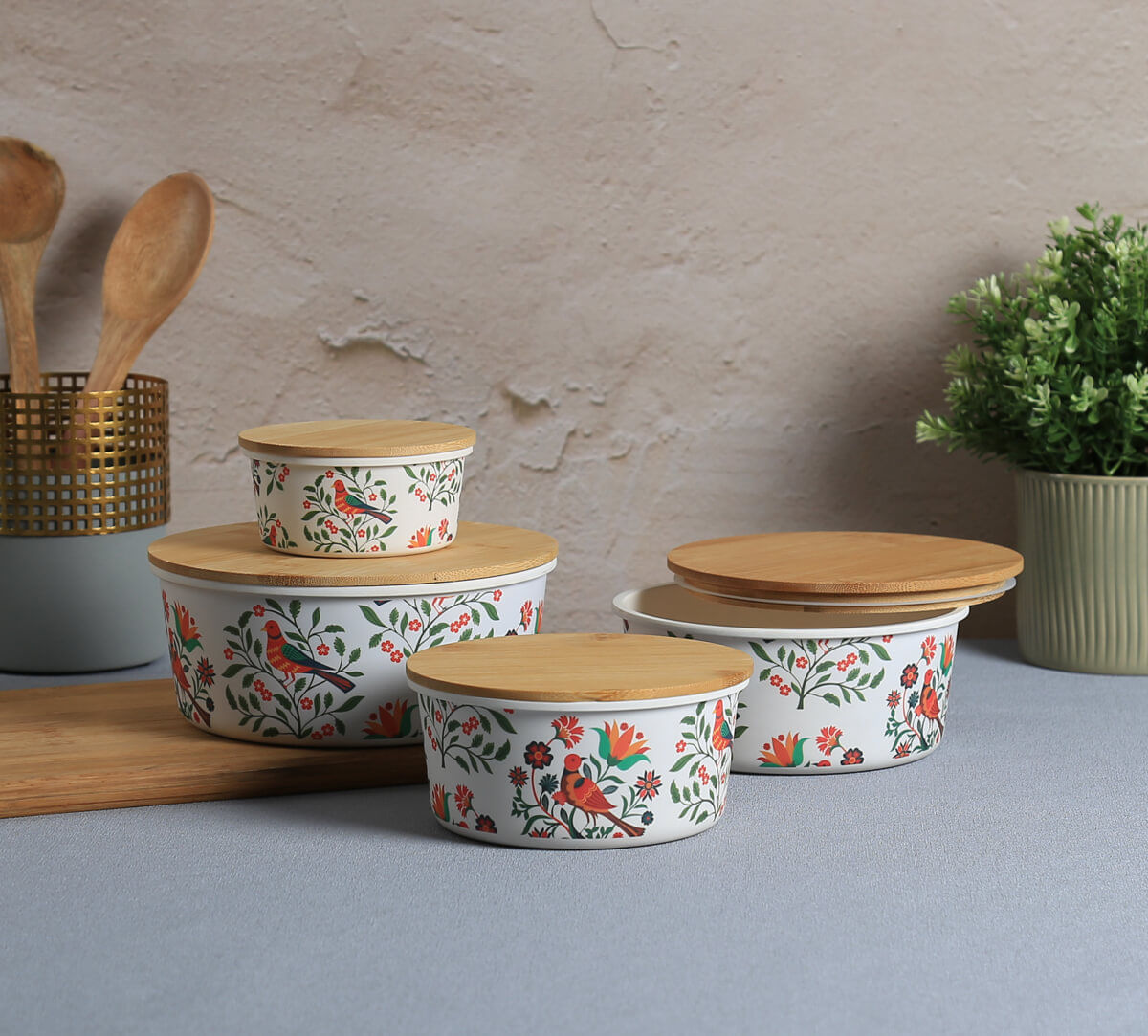 India Circus by Krsnaa Mehta Psittacines Enquiry Bamboo Container Set of 4