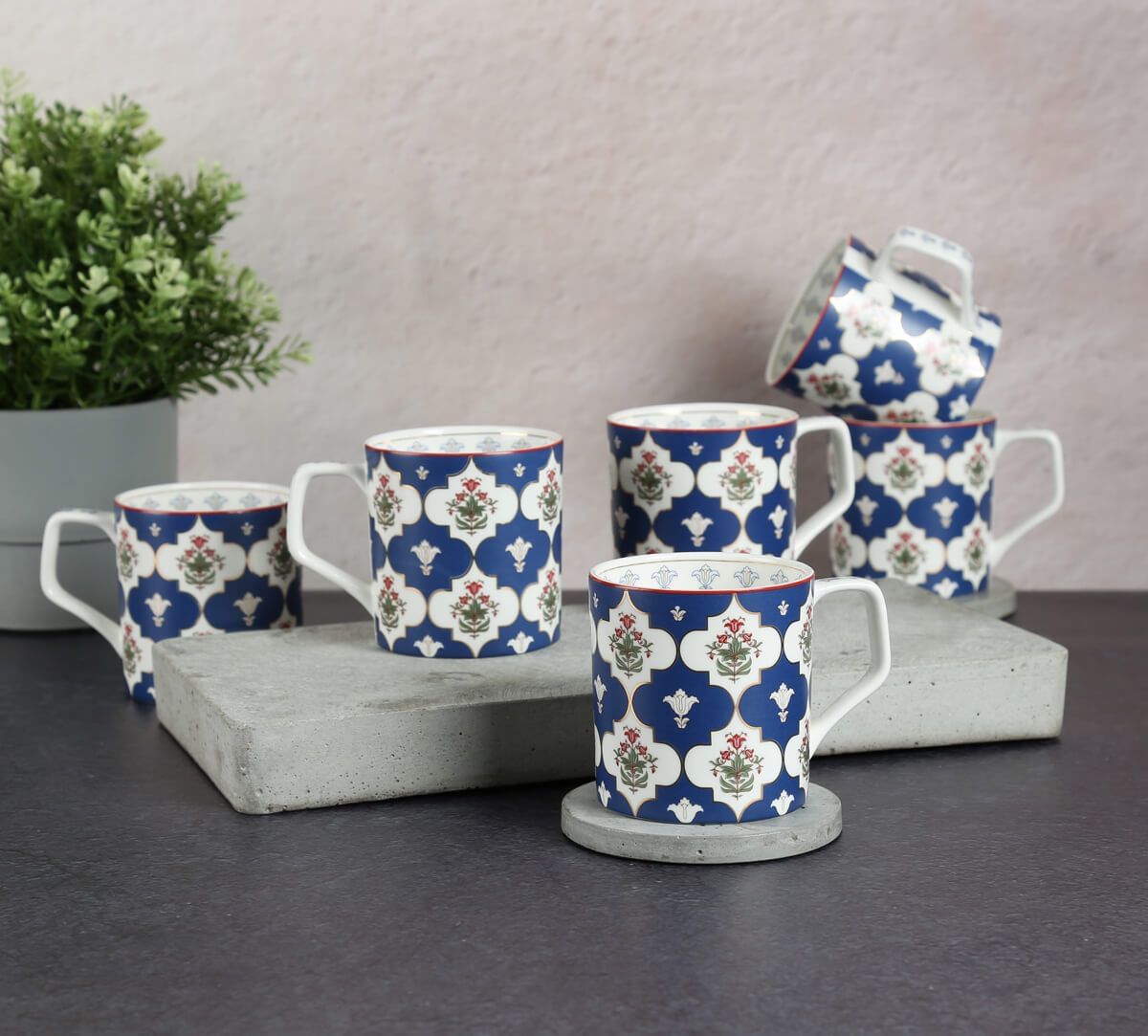 India Circus by Krsnaa Mehta Blue Lattice Treasures Mug Set of 6