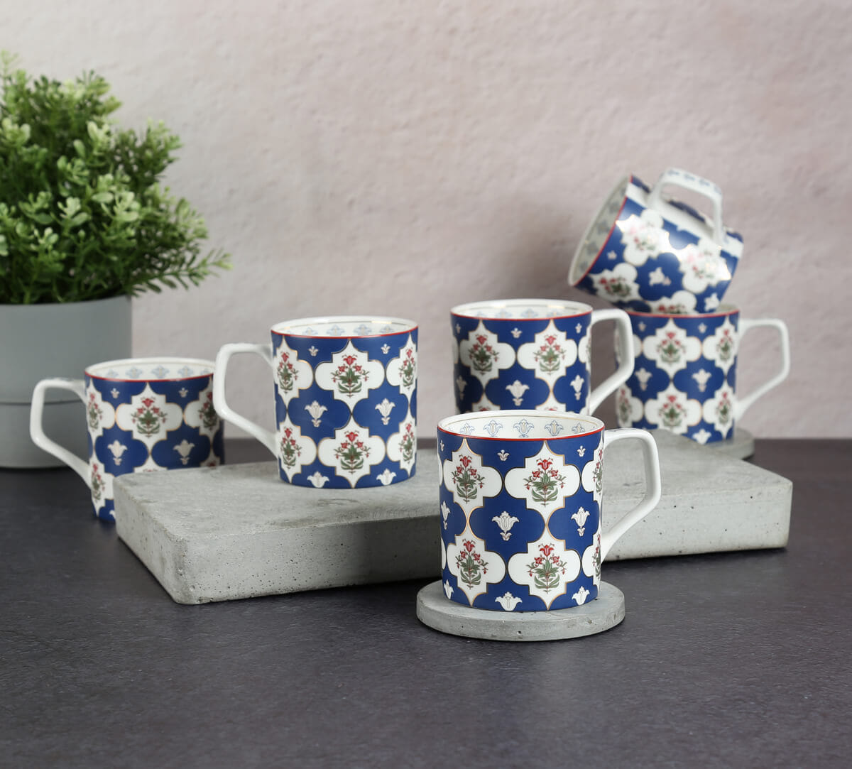 India Circus by Krsnaa Mehta Blue Lattice Treasures Mug Set of 6