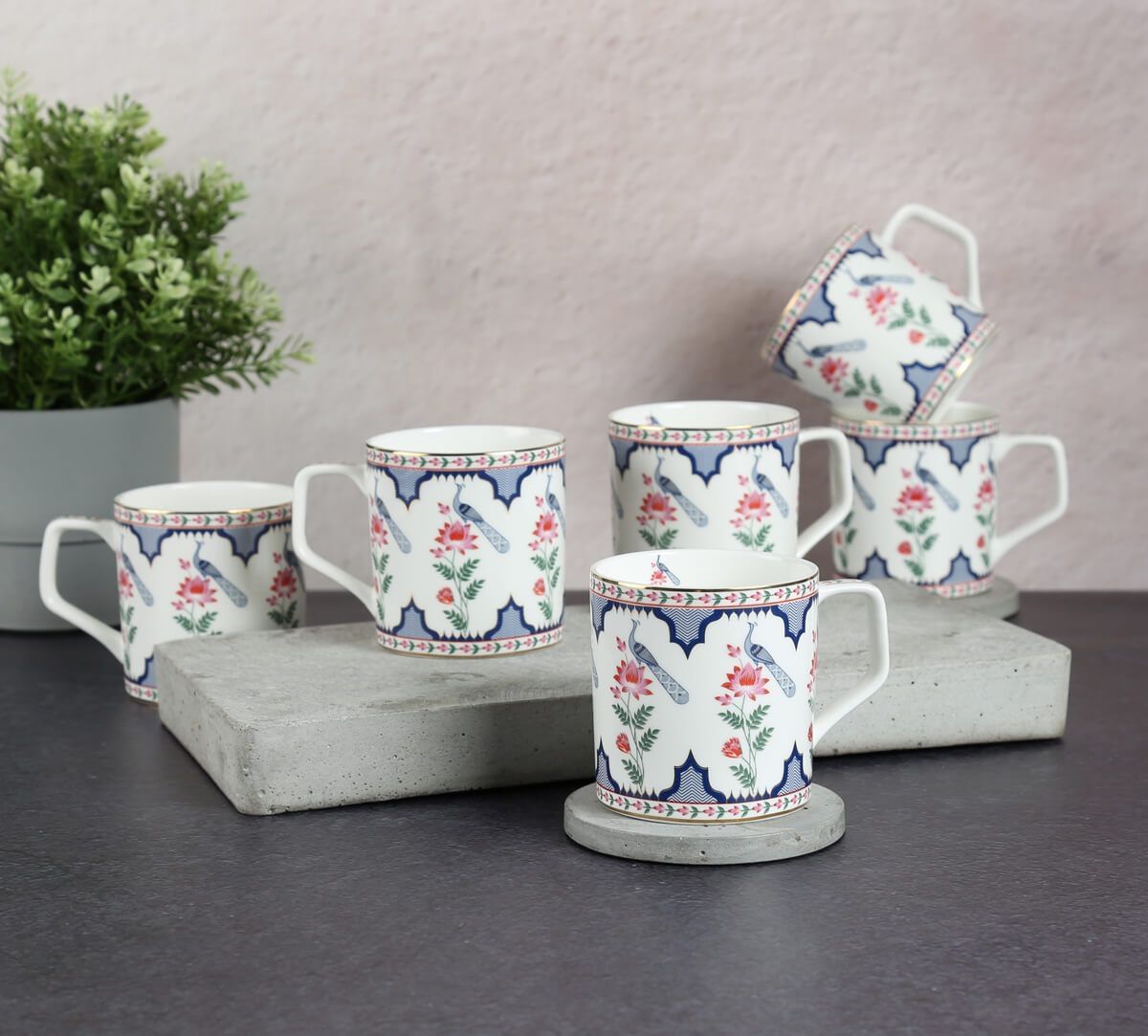 India Circus by Krsnaa Mehta Chevron Perching Peacock Mug Set of 6